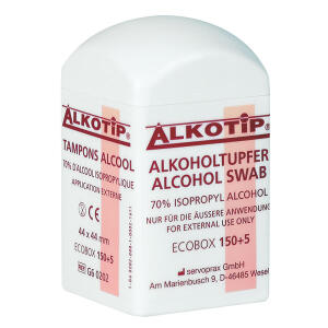 Alkotip Alkoholtupfer in der Dispenserdose (VPE: 155 Stk). 44 x 44mm