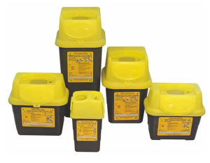 Sharpsafe Abfallcontainer grau, mit gelbem Deckel 7L